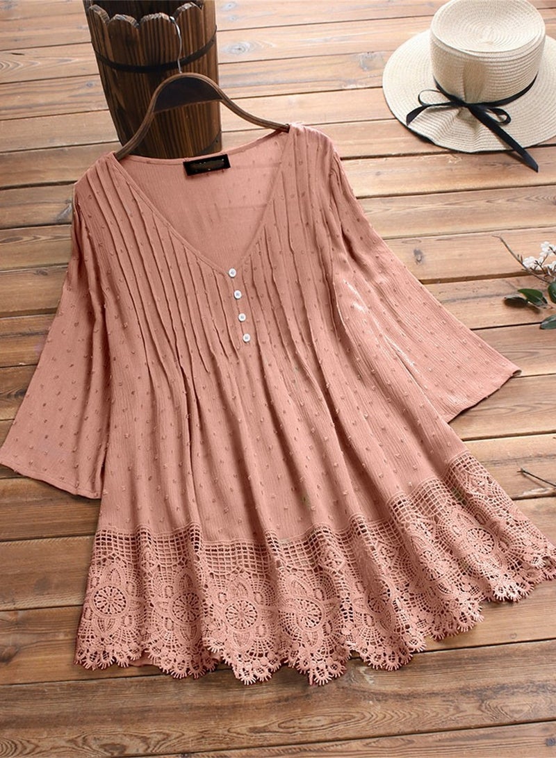 V-neck Dress Pure Color Simple Pink