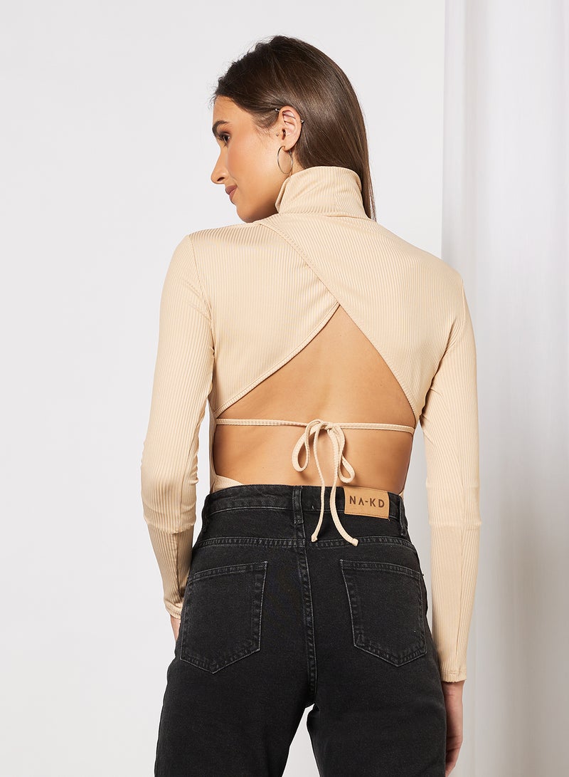 Ribbed Open Back Long Sleeve Bodysuit Beige