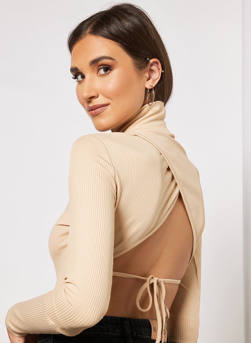 Ribbed Open Back Long Sleeve Bodysuit Beige