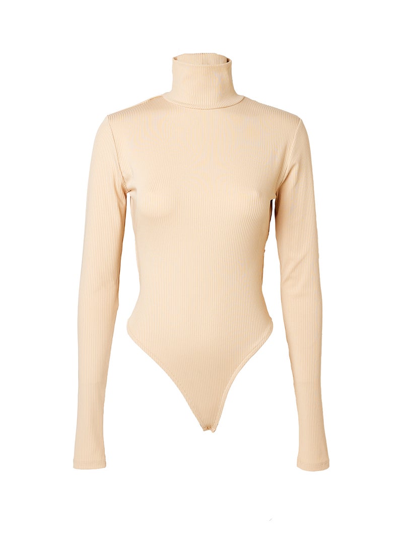 Ribbed Open Back Long Sleeve Bodysuit Beige