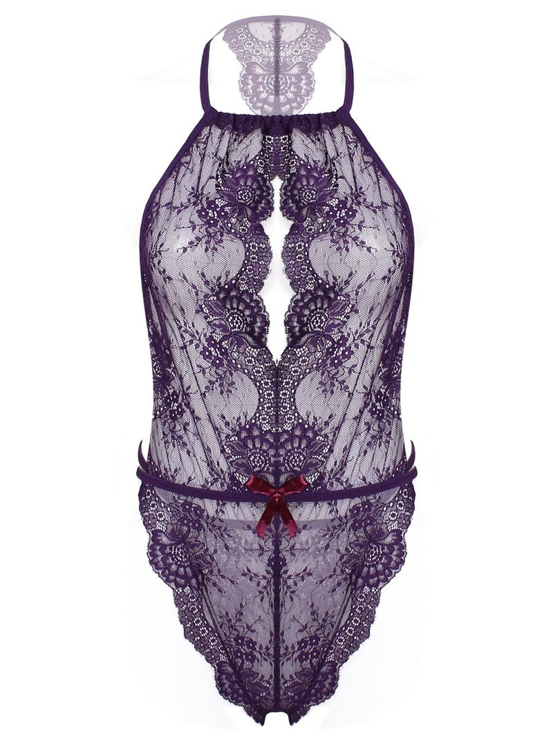 Teddies Lace Hollow Out Bodysuit Purple