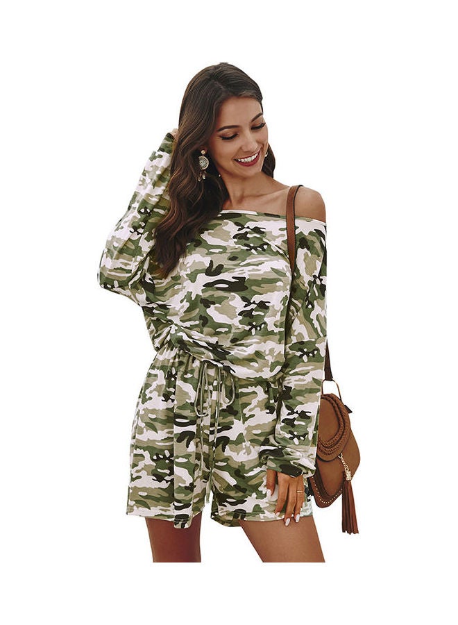 Camouflage Printed Drawstring Jumpsuit Light Green/White