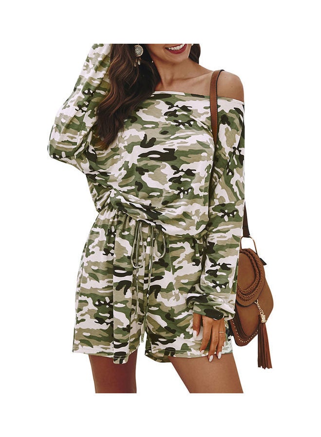 Camouflage Printed Drawstring Jumpsuit Light Green/White