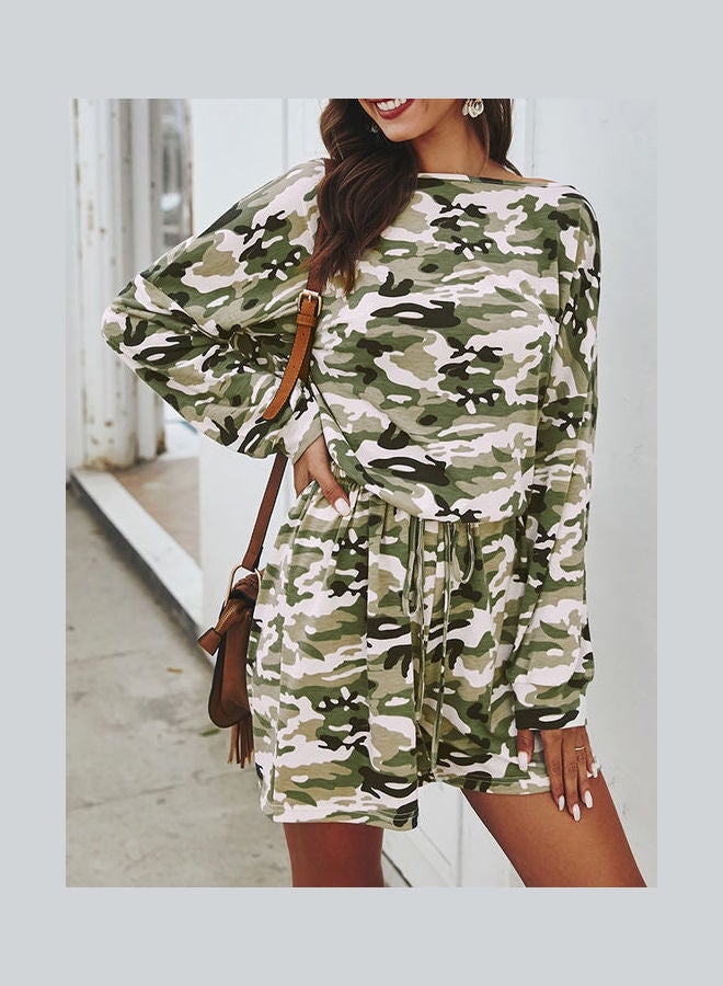 Camouflage Printed Drawstring Jumpsuit Light Green/White