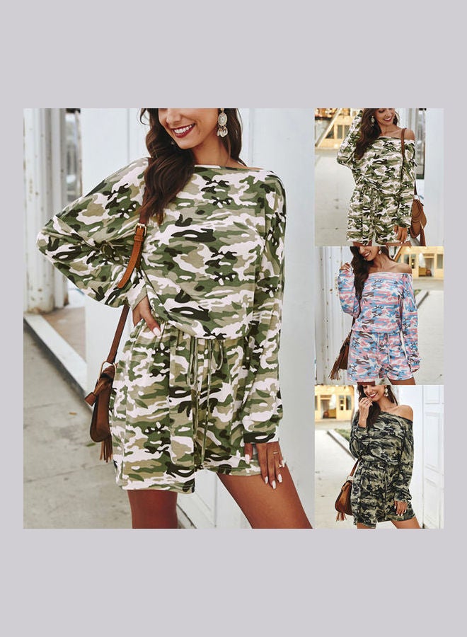 Camouflage Printed Drawstring Jumpsuit Light Green/White