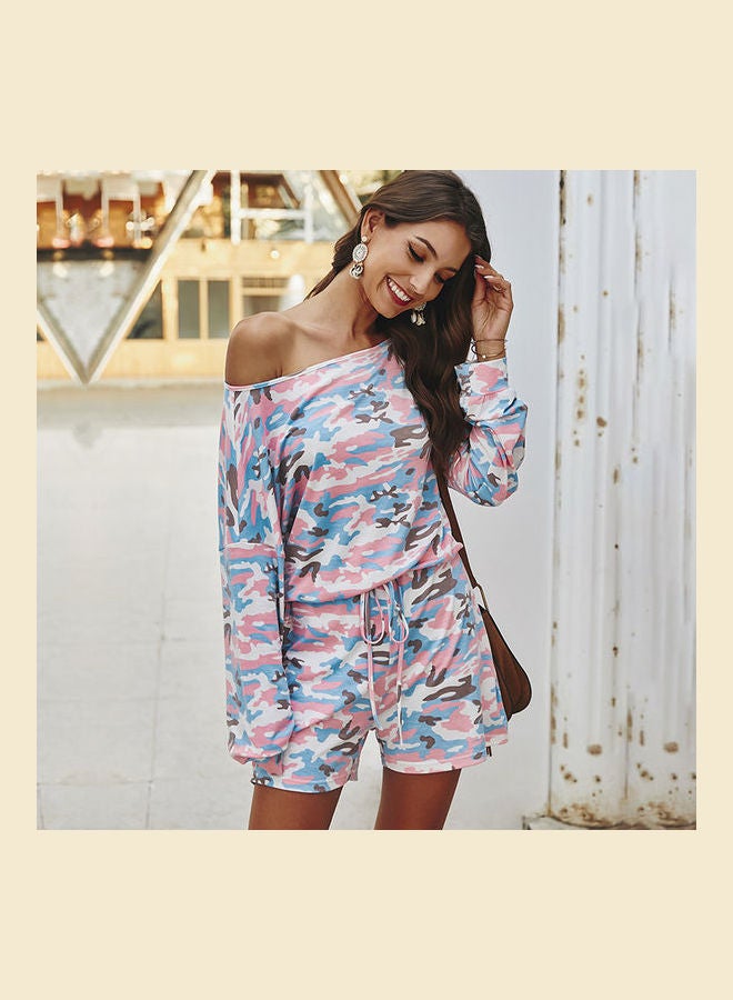 Camouflage Printed Drawstring Jumpsuit Pink/Blue/White