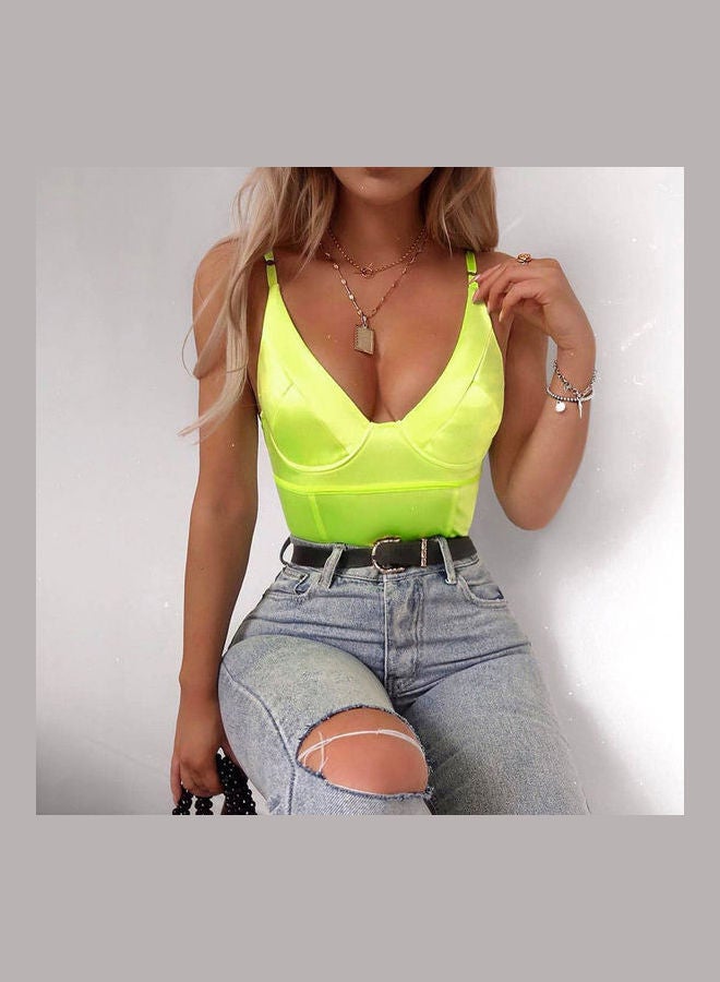 Solid V-Neck Backless Body Top Green