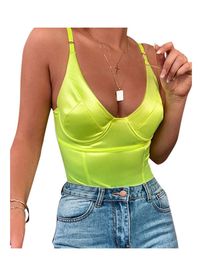 Solid V-Neck Backless Body Top Green