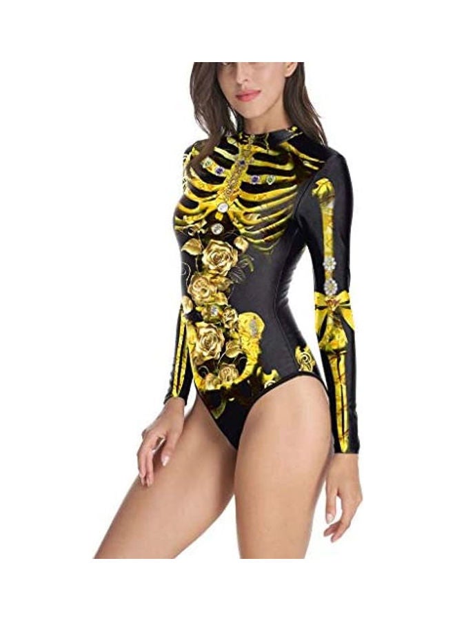 Women's Long Sleeve Zipper Bodysuit Black/Yellow