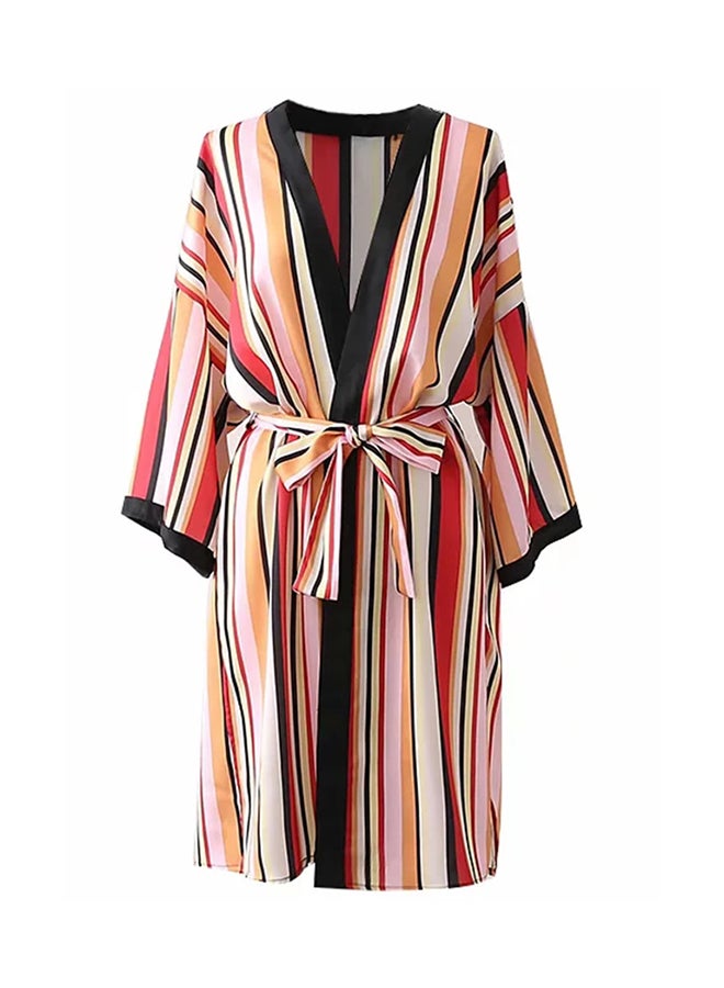 Striped Pattern Bow Decoration Lacing Up Kimono Multicolour