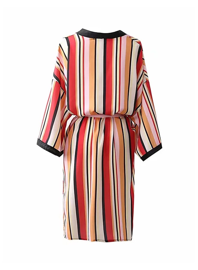 Striped Pattern Bow Decoration Lacing Up Kimono Multicolour