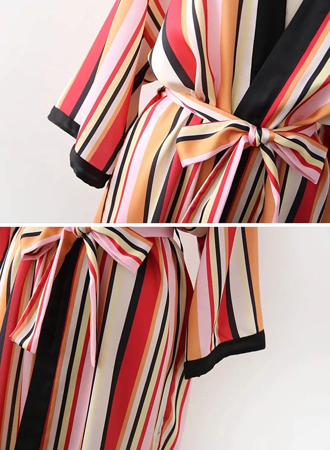 Striped Pattern Bow Decoration Lacing Up Kimono Multicolour