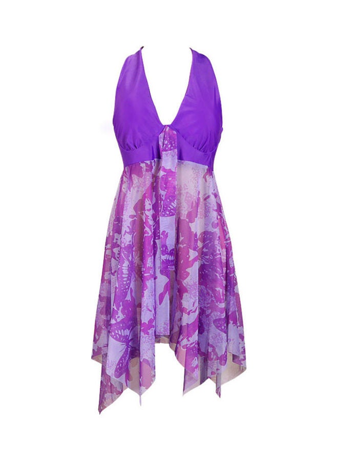 Flower Printed Halter Backless Swimdress With Brief Set Purple/White