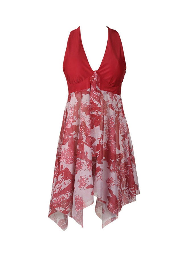 2-Piece Floral Pattern Halter Backless Tankini Set Red