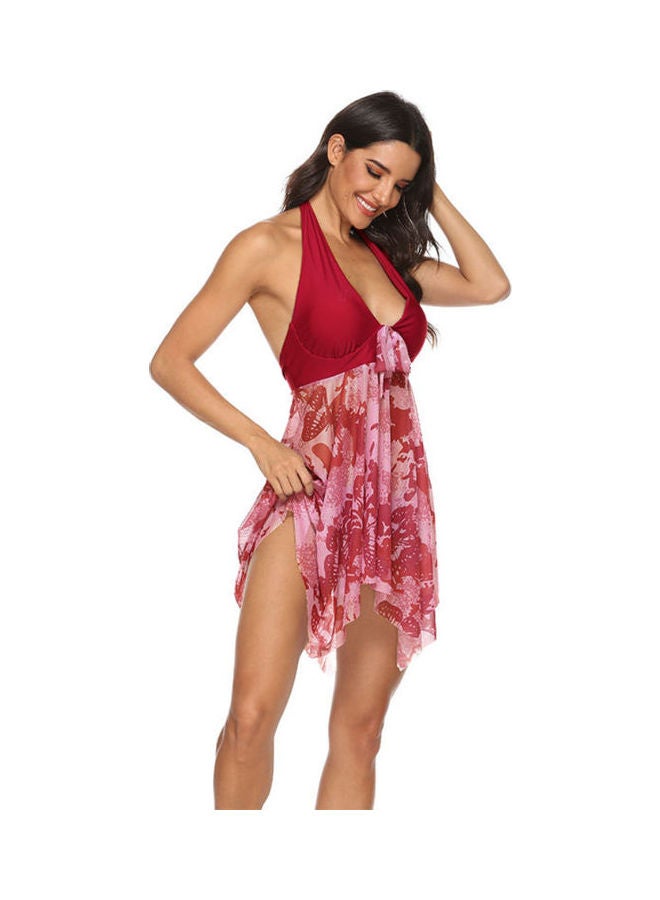 2-Piece Floral Pattern Halter Backless Tankini Set Red