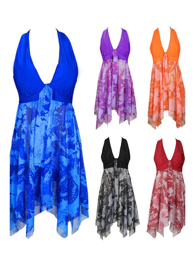 2-Piece Printed Backless Women Swimdress Tankini Set Blue