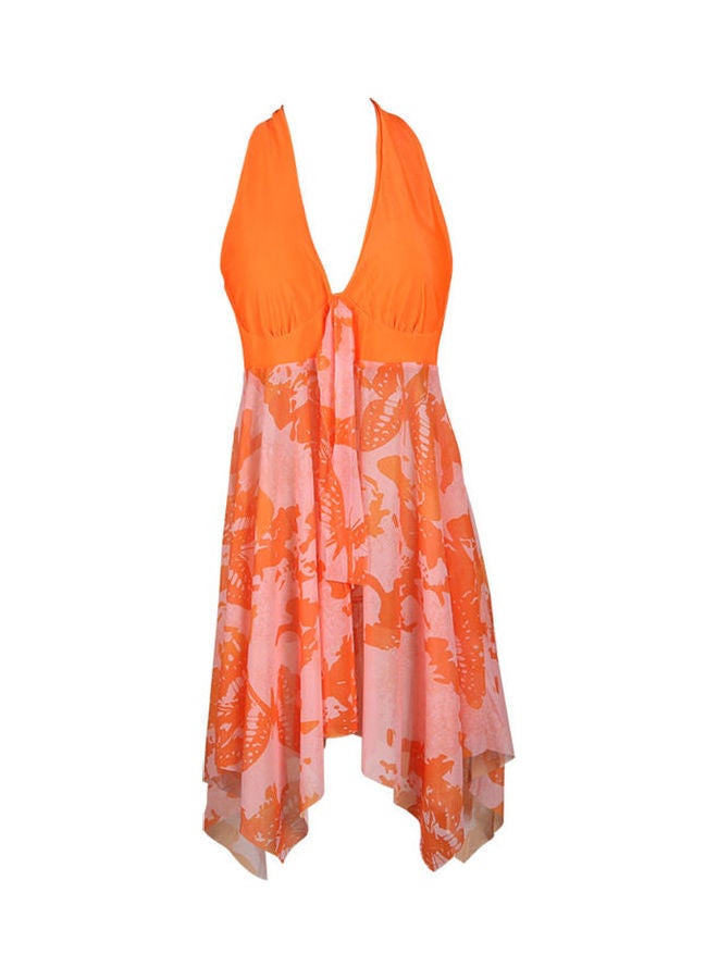 2-Piece Printed Backless Women Swimdress Tankini Set Orange