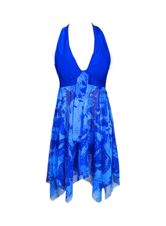 2-Piece Floral Pattern Halter Backless Tankini Set Blue