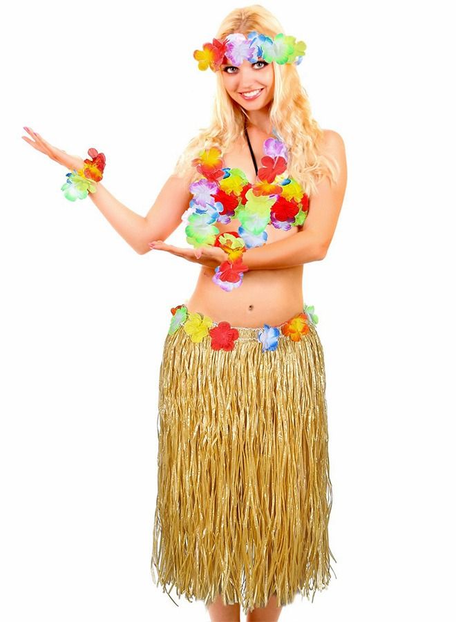 Hawaiian Grass Hula Skirt Costume Set Girl's Necklace Leis Garland Bracelets,Hawaiian Party Decoration,Hawaiian Hula Grass Skirt Sunglasses Leis Set