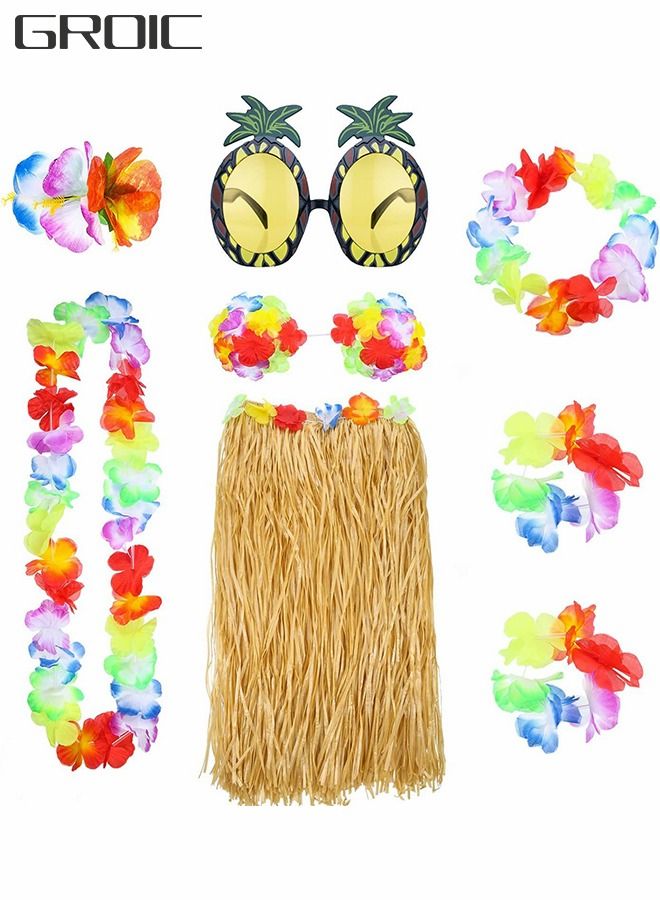 Hawaiian Grass Hula Skirt Costume Set Girl's Necklace Leis Garland Bracelets,Hawaiian Party Decoration,Hawaiian Hula Grass Skirt Sunglasses Leis Set