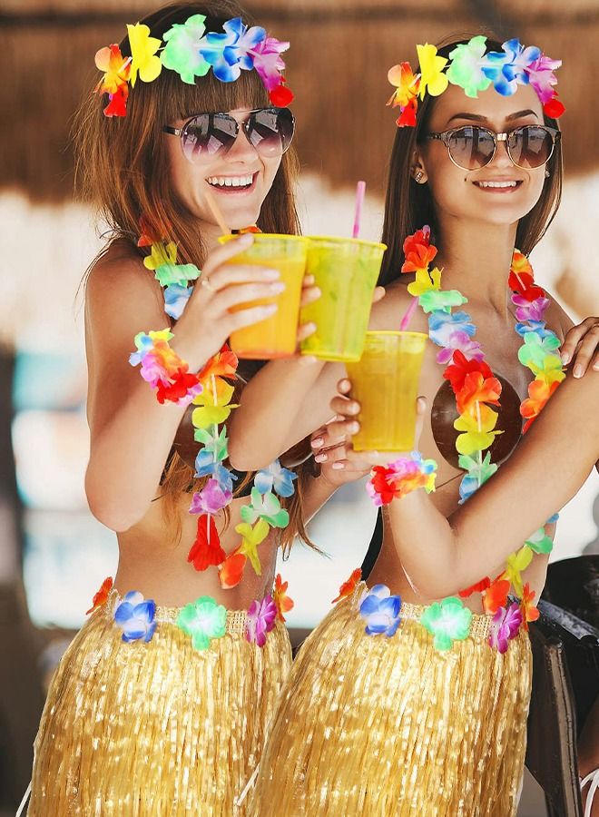 Hawaiian Grass Hula Skirt Costume Set Girl's Necklace Leis Garland Bracelets,Hawaiian Party Decoration,Hawaiian Hula Grass Skirt Sunglasses Leis Set