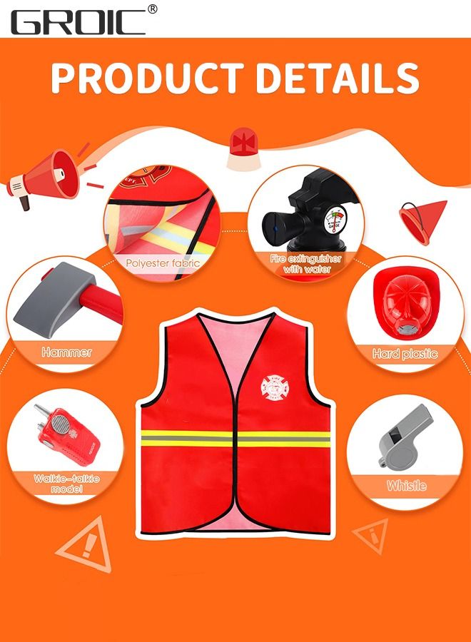 6 PCS Firefighter Costume Role Play Set, Kids Fireman Dress up with Red Fireman Hat and Vest Toy Tools, Fireman Career Outfit Pretend Role Play Toys, Party Educational Gift Toy Set