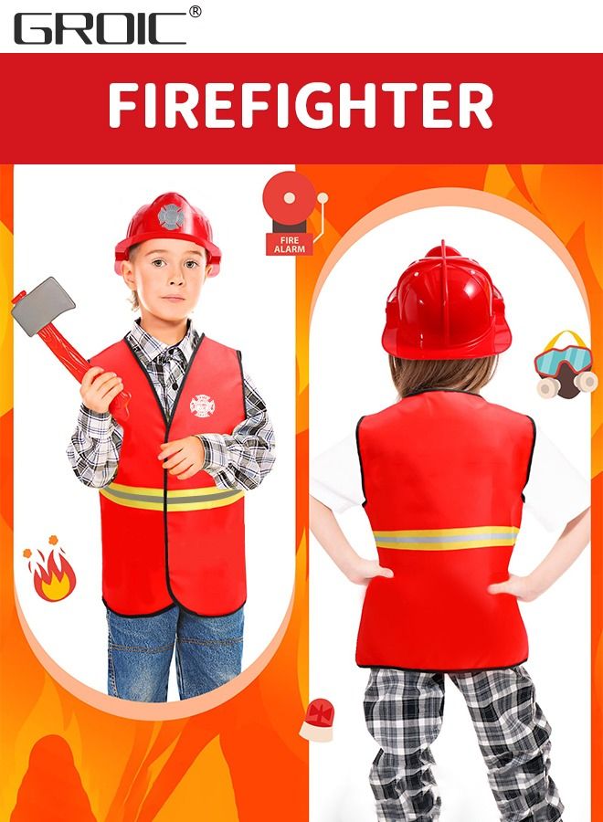 6 PCS Firefighter Costume Role Play Set, Kids Fireman Dress up with Red Fireman Hat and Vest Toy Tools, Fireman Career Outfit Pretend Role Play Toys, Party Educational Gift Toy Set