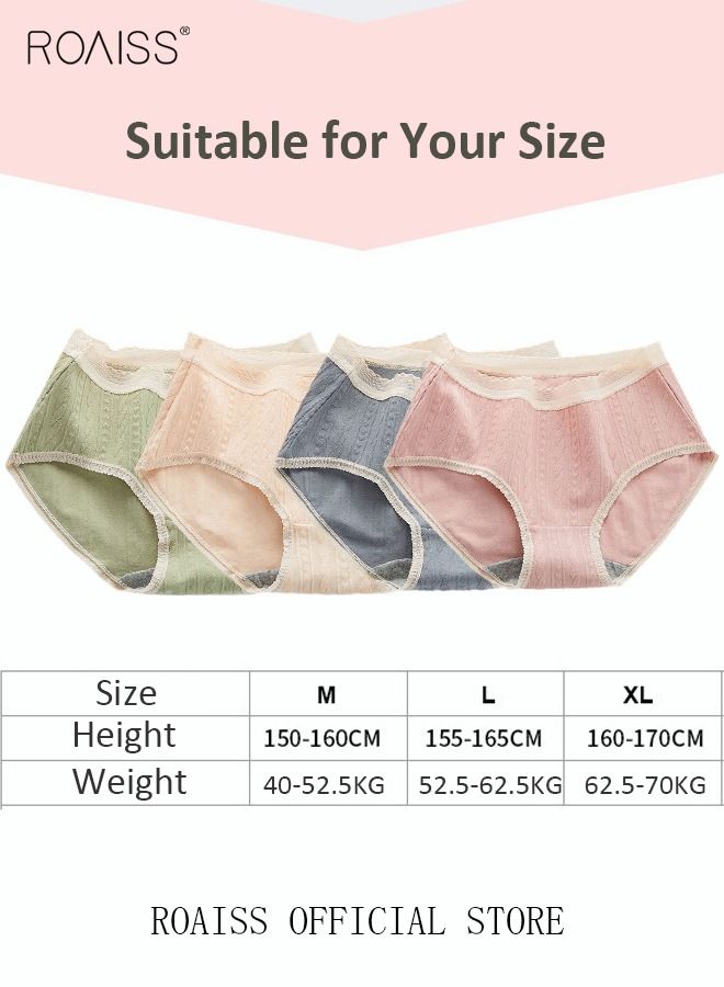 4 Piece Breifs Set Womens Cotton Mid-rise Stretch Panties Underwear Ladies Lace Stripe Panties Ladies Cotton Breathable Inner Leggings Women's Comfort Fit Briefs