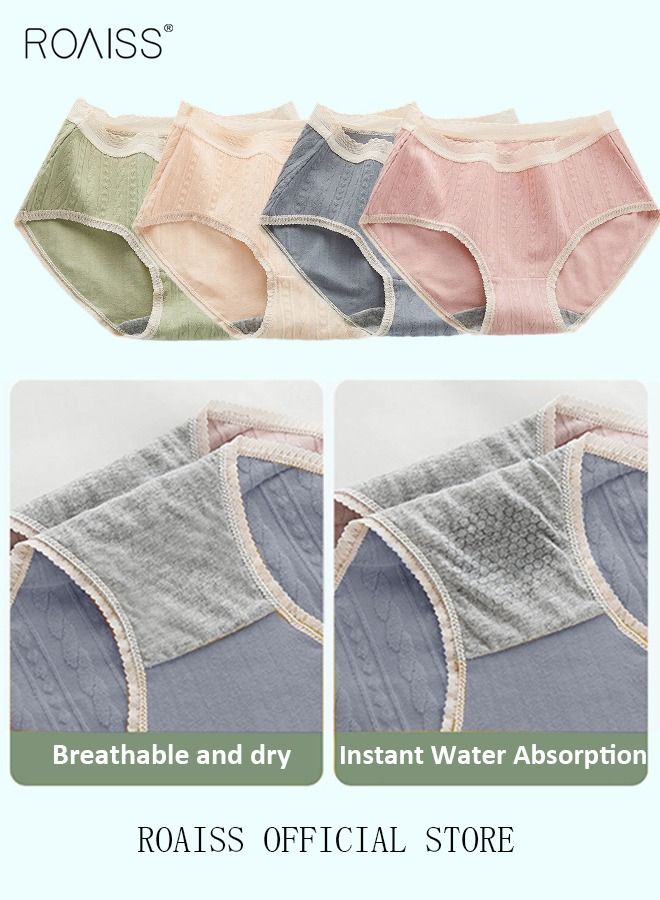 4 Piece Breifs Set Womens Cotton Mid-rise Stretch Panties Underwear Ladies Lace Stripe Panties Ladies Cotton Breathable Inner Leggings Women's Comfort Fit Briefs