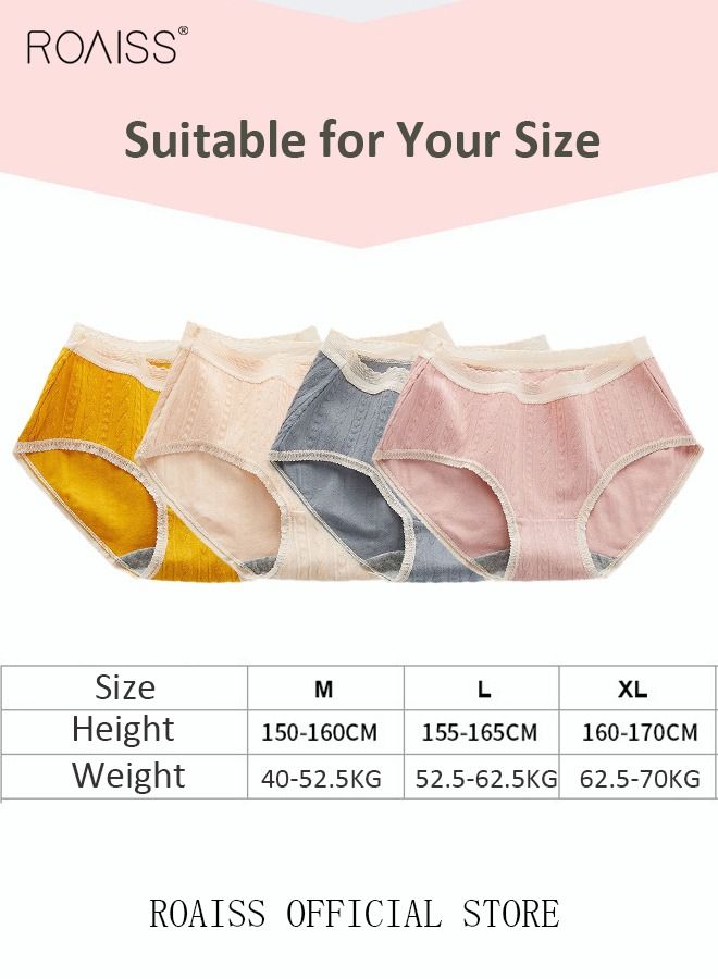 4 Piece Breifs Set Womens Cotton Mid-rise Stretch Panties Underwear Ladies Lace Stripe Panties Ladies Cotton Breathable Inner Leggings Women's Comfort Fit Briefs