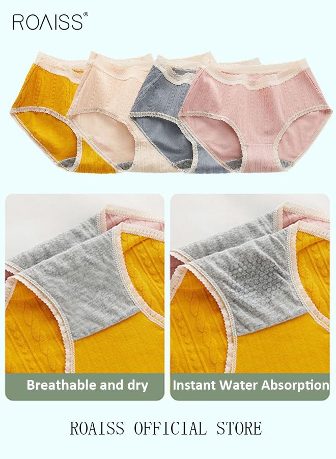 4 Piece Breifs Set Womens Cotton Mid-rise Stretch Panties Underwear Ladies Lace Stripe Panties Ladies Cotton Breathable Inner Leggings Women's Comfort Fit Briefs