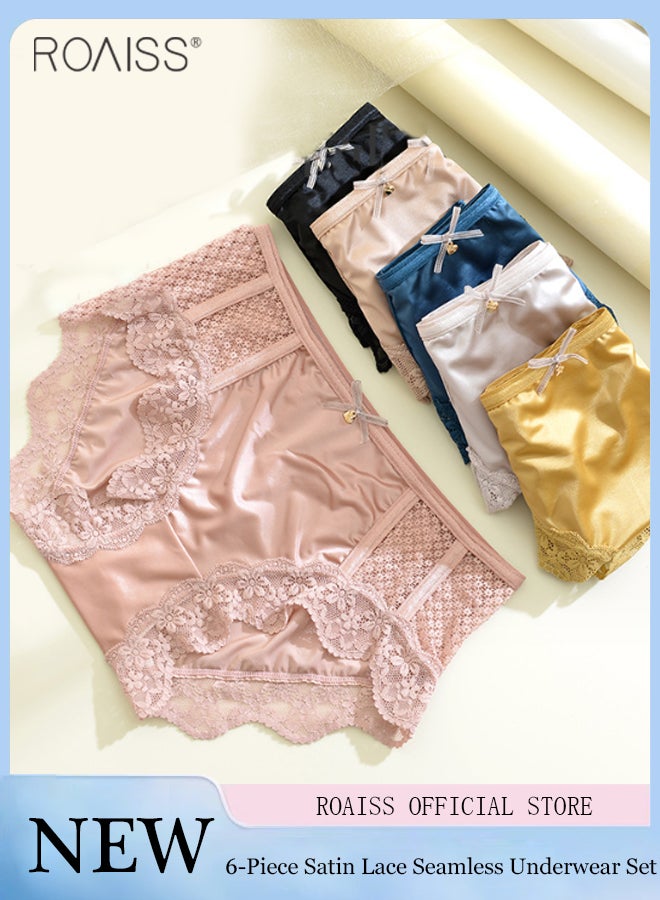 6-Piece Set Of Women's Lace Satin Underwear Ice Silk Mid Waist Elastic Fit Underpants