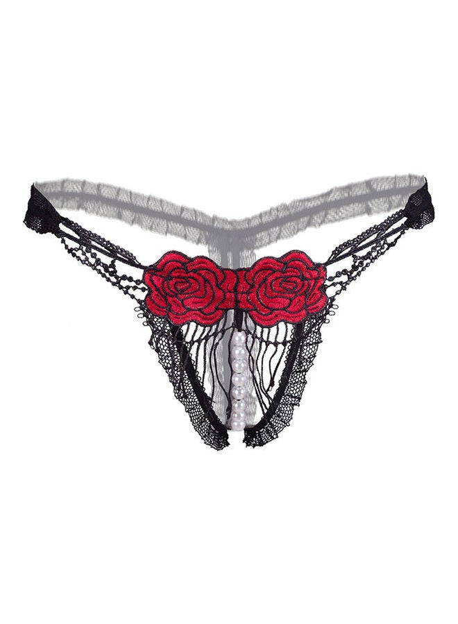 Women Faux Pearl Hollow Embroidery Rose Crotchless G-String Thong Underwear Red