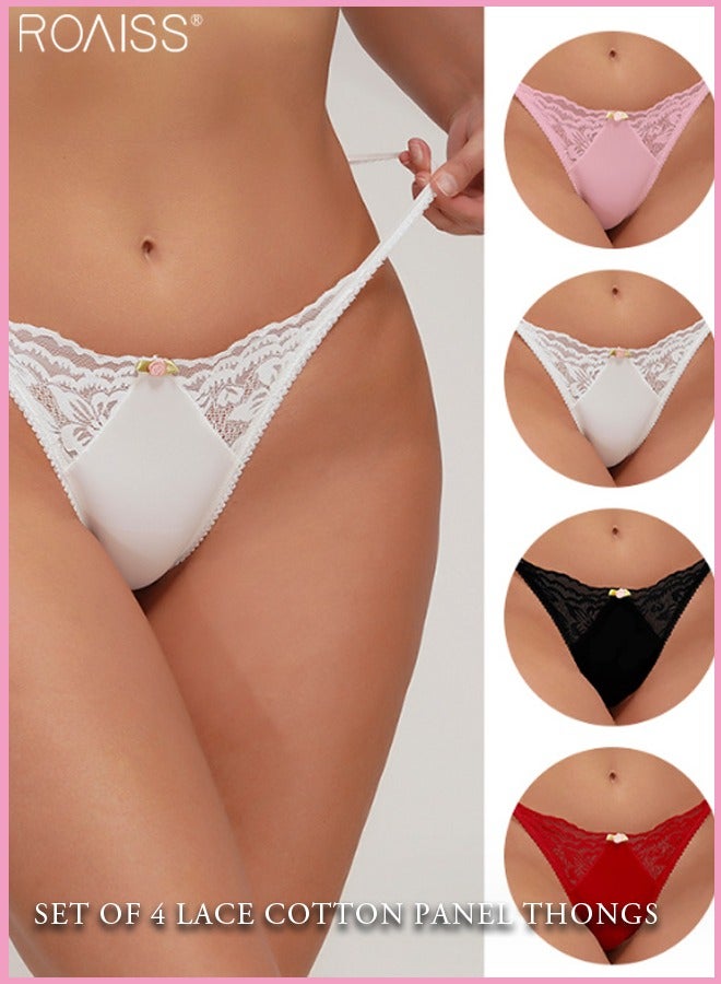 4-Piece Women's Thong Set Lace Cotton Patchwork Underwear High Stretch Combination Underwear