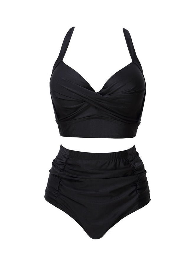 Women Ruched Vintage Plus Size Bikini Set High Waist Swimsuit Black