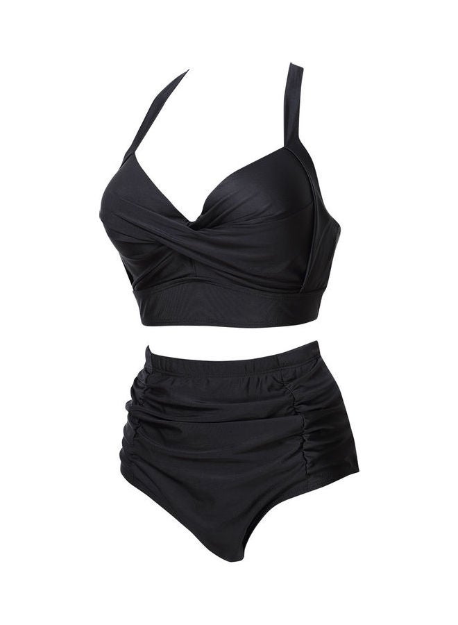 Women Ruched Vintage Plus Size Bikini Set High Waist Swimsuit Black