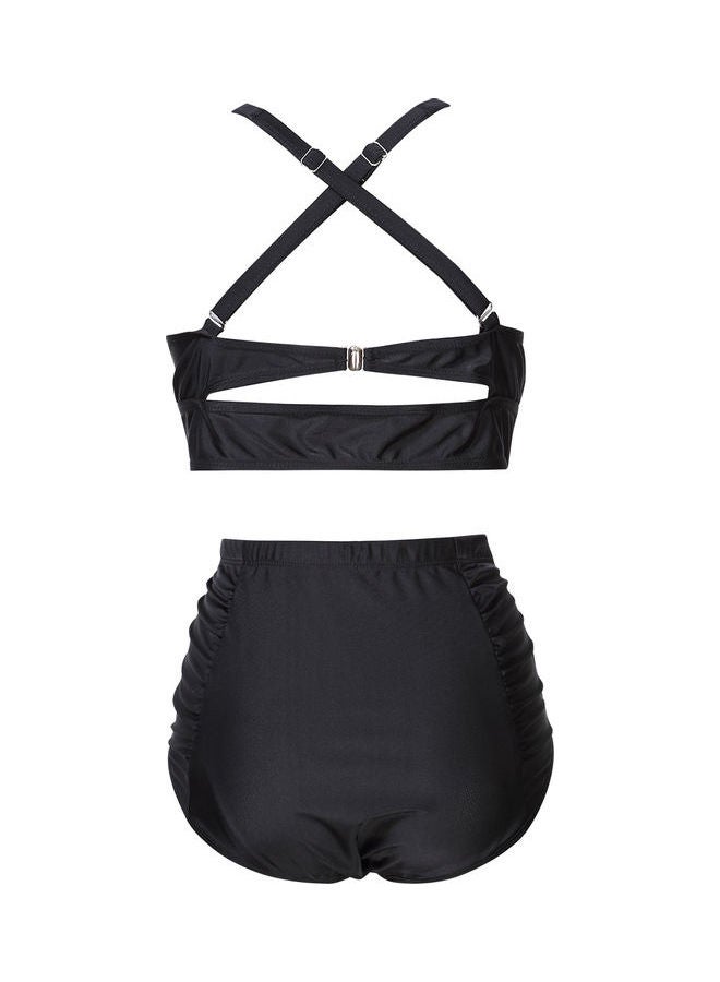 Women Ruched Vintage Plus Size Bikini Set High Waist Swimsuit Black