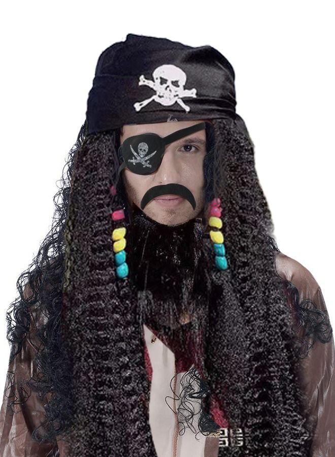 5-Piece Cosplay Costume Caribbean Pirate Costume Accessories with Dreadlocks Hat Wigs Beard Headband For Kids Adults