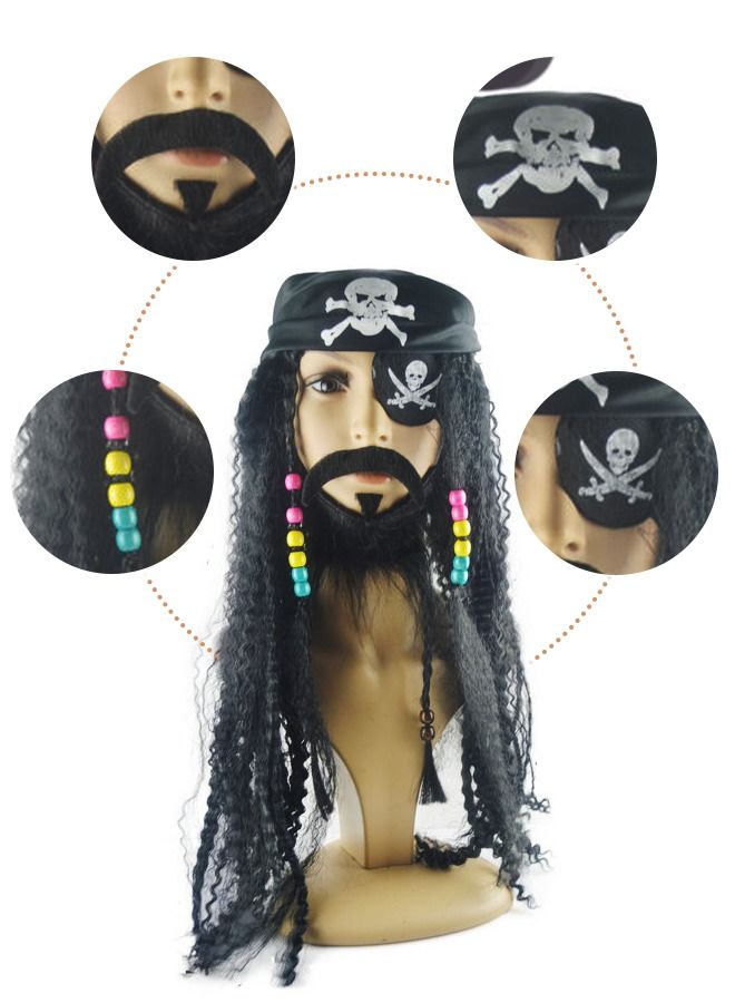 5-Piece Cosplay Costume Caribbean Pirate Costume Accessories with Dreadlocks Hat Wigs Beard Headband For Kids Adults