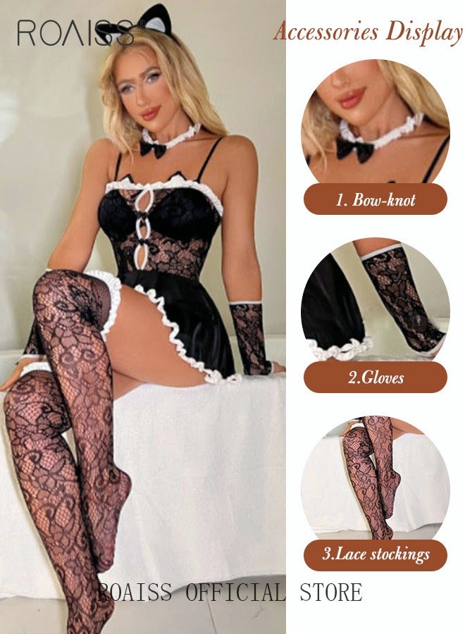 Women's French Lace Outfit Dress Fashion Uniform Underwear Camisole Panties Set for Ladies Wife Girlfriend