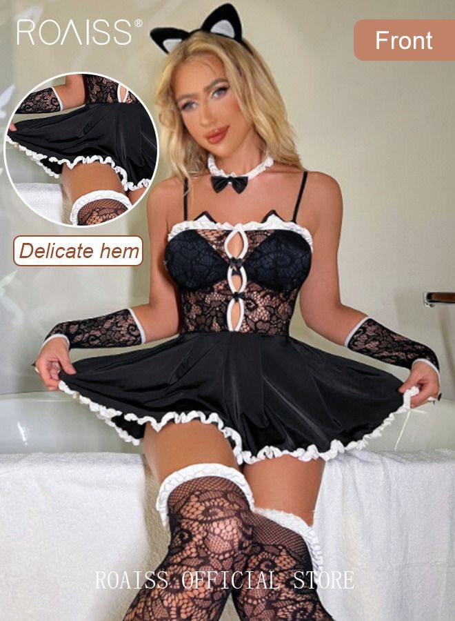 Women's French Lace Outfit Dress Fashion Uniform Underwear Camisole Panties Set for Ladies Wife Girlfriend