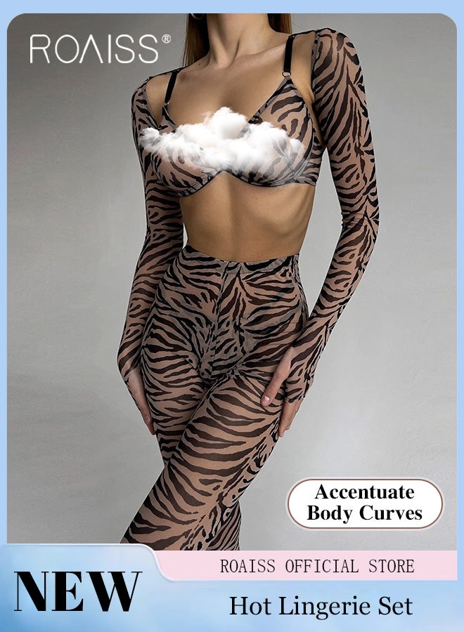 4 Piece Zebra Print Split Underwear Suit for Women Mesh See Through Body Slim Lingerie Set