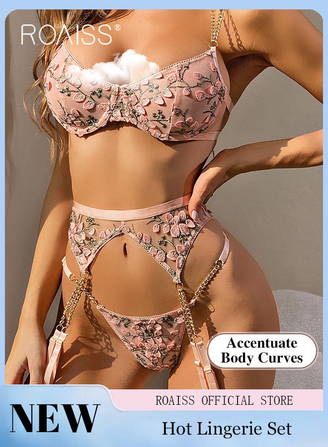 3 Point Underwear for Women with Floral Embroidery Elements and Chain Decoration Ladies Lingerie Splicing Suit
