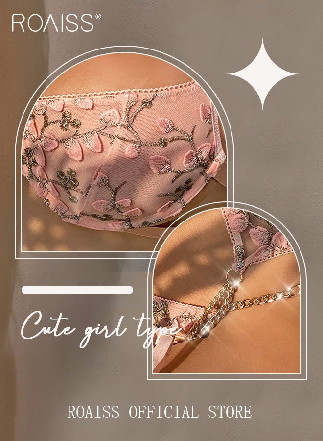 3 Point Underwear for Women with Floral Embroidery Elements and Chain Decoration Ladies Lingerie Splicing Suit