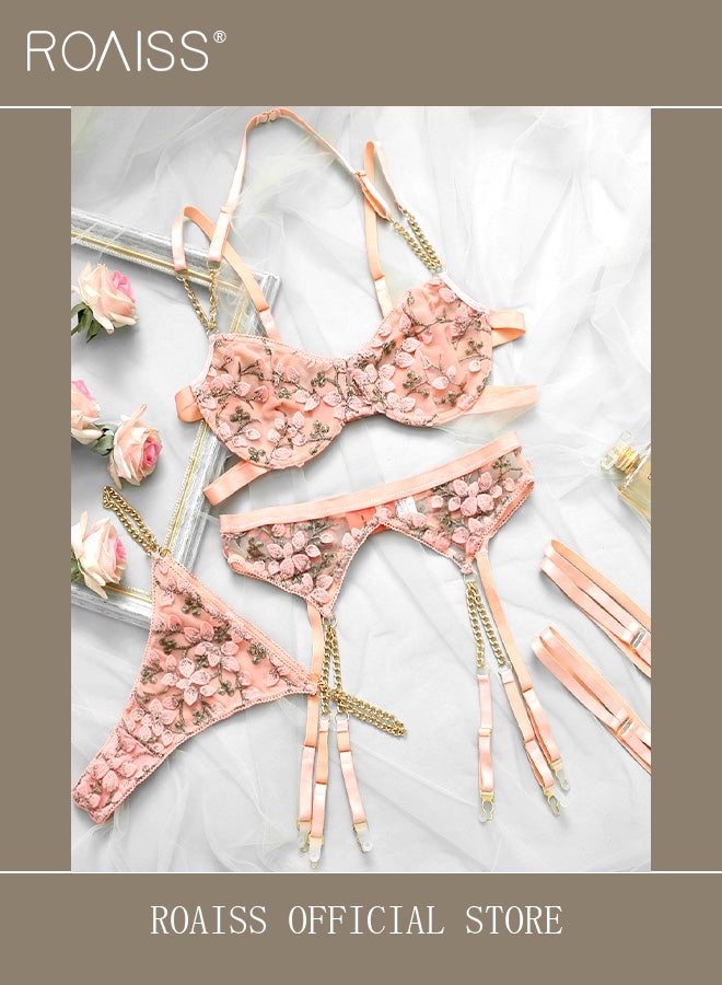 3 Point Underwear for Women with Floral Embroidery Elements and Chain Decoration Ladies Lingerie Splicing Suit
