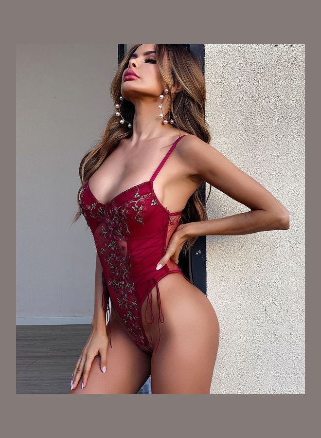 Lace Detail Floral Design Shapewear Wine Red
