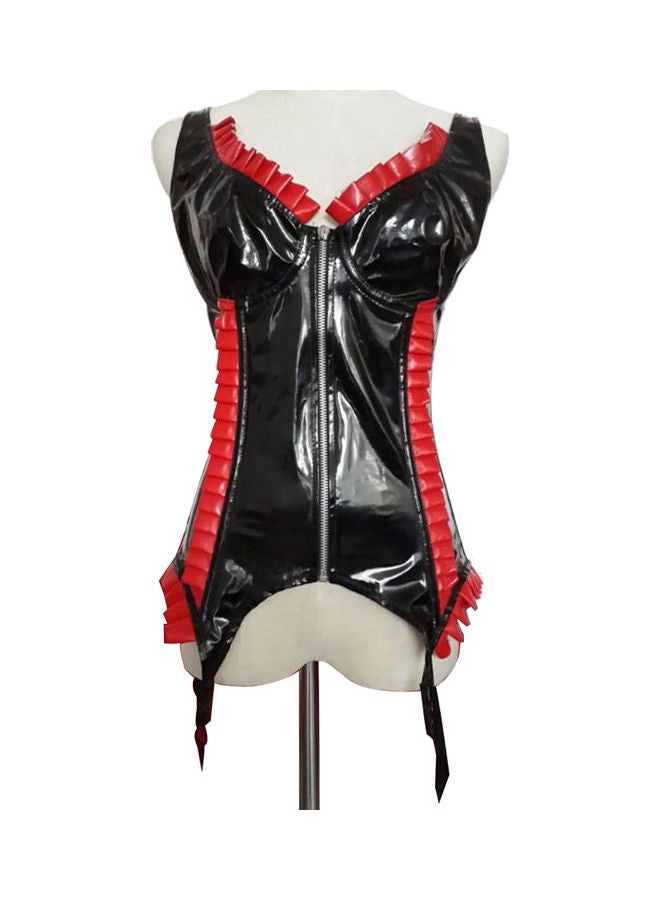 Ruffled Faux Leather Lace Up Zipper Corset Black/Red