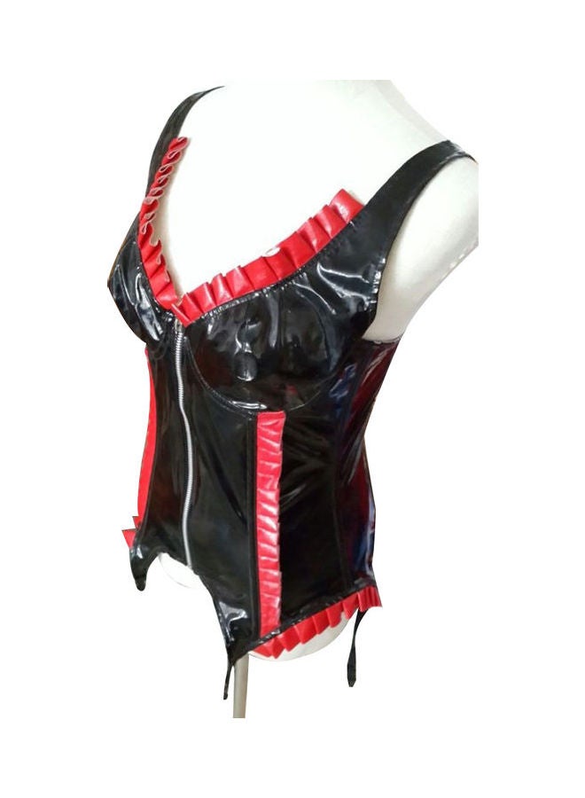 Ruffled Faux Leather Lace Up Zipper Corset Black/Red