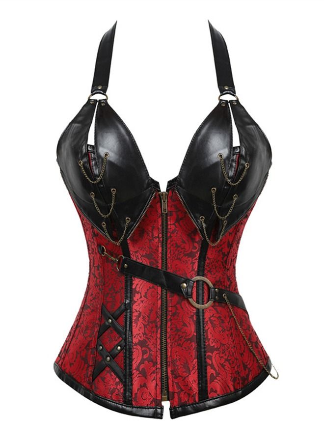 14 Steel Bone Leather With Belt Corset Red