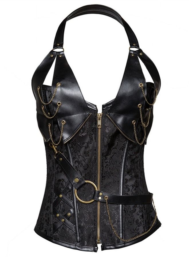 14 Steel Bone Leather With Belt Corset Black